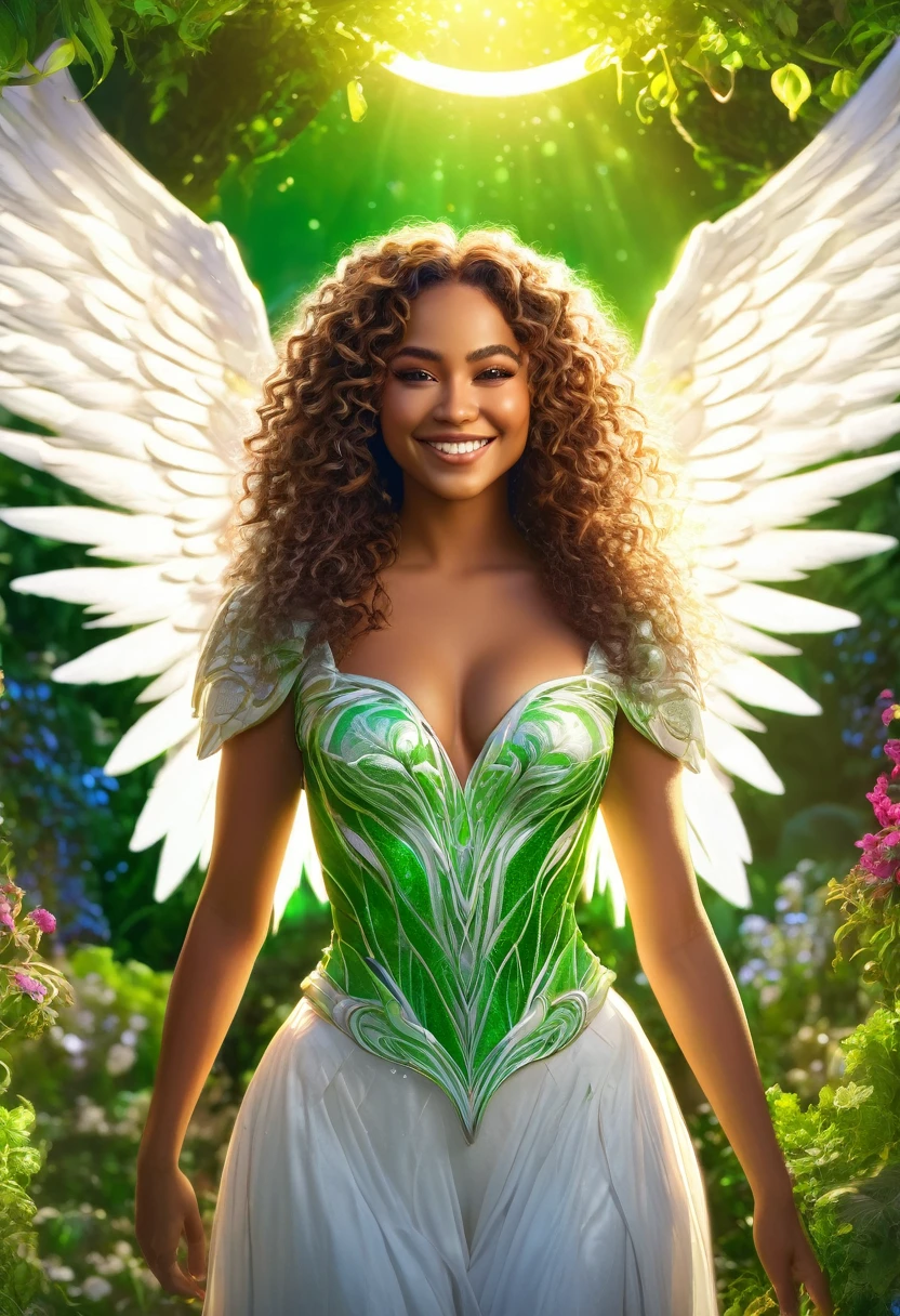 A young woman with a sculpted body, large white wings, fluffy curly hair, and a luminous halo, standing in a vibrant green garden, smiling, extremely detailed face, detailed cleavage, 4k, photo-realistic, high quality, fantasy art, digital painting, cinematic lighting, dramatic colors