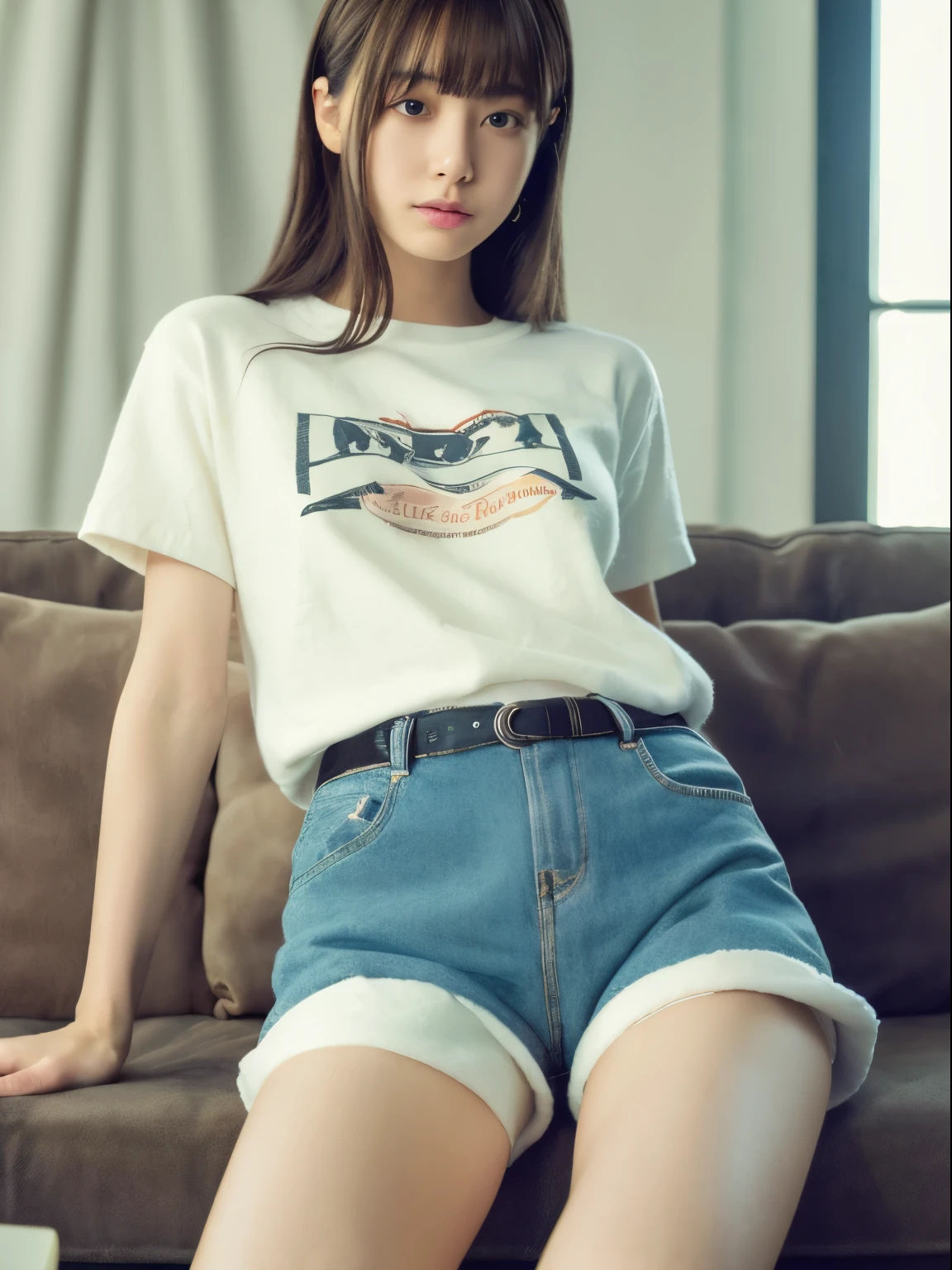 (8k, Top quality, Masterpiece:1.2), (Realistic, photo-realistic:1.37), Super detailed, perfect anatomy, cute, small eye, wool shorts, 18 years old, Japanese, girl, t-shirt, sit on sofa,