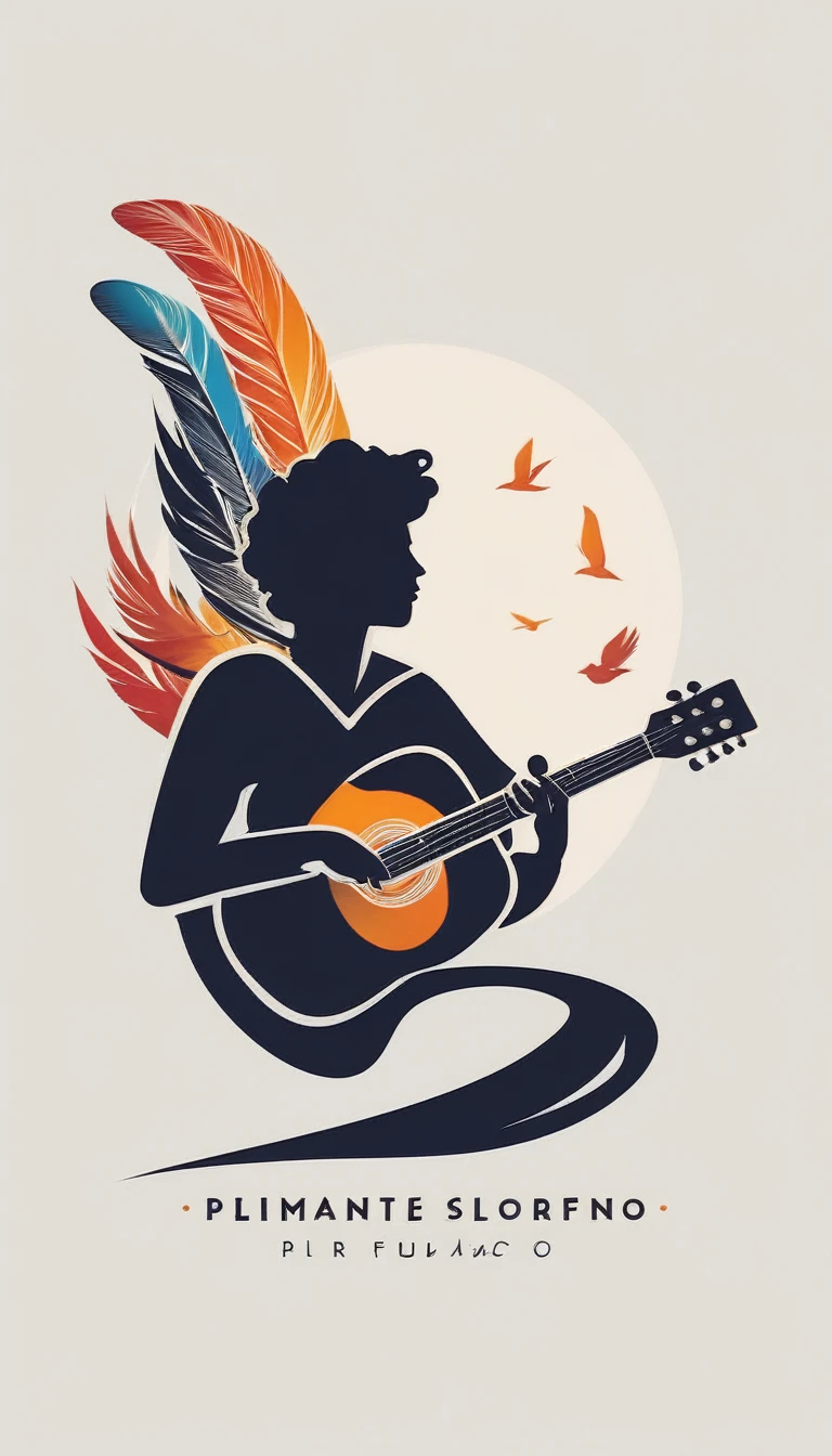 Create a cinematic image, abstract symbol for a film production company based on stories and music. The logo should represent the companionship between a boy musician, A storyteller fantasy bird, a dreamy feather, A boy and a guitar. Minimalist symbol design