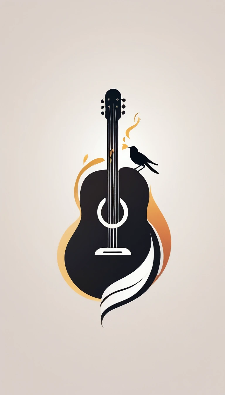 Create a cinematic image, abstract symbol for a film production company based on stories and music. The logo should represent the companionship between a boy musician, A storyteller fantasy bird, a dreamy feather, A boy and a guitar. Minimalist symbol design

