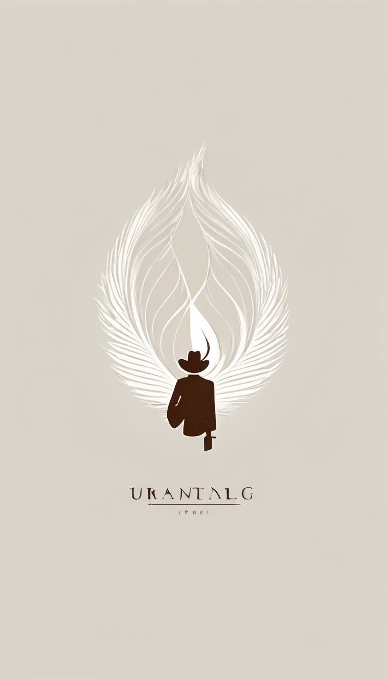 Create a cinematic image, abstract symbol for a film production company based on stories and music. The logo should represent the companionship between a boy musician, A storyteller fantasy bird, a dreamy feather, A boy and a guitar. Minimalist symbol design