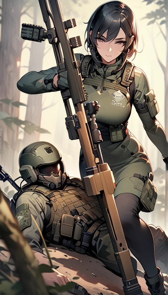 (masterpiece),(Highest quality),(High resolution),(Very detailed),best illustration by artgerm and gerald brom, beautiful woman, perfect body proportions, slender with generous curves, silver cheongsam with black accents, highly detailed, high definition (((aim at something with a sniper rifle))),((View the sights))(Lying down),((Sniper Rifle)),Army Camouflage Uniform,Bulletproof vest, Combat Boots, Tactical Forster,Tactical Headset,(The background is a dense forest),(((Background Blur)))