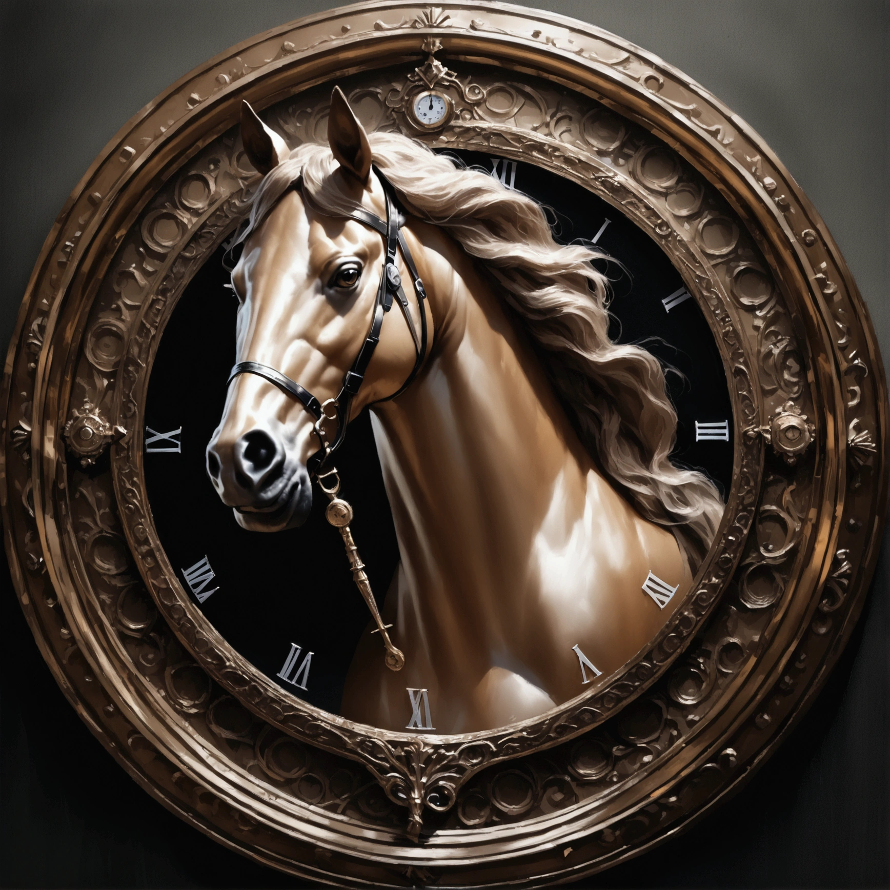 A sleek modern horse silhouette,clock integrated,earthy tones,elegant design,(best quality,4k,8k,highres,masterpiece:1.2),ultra-detailed,(realistic,photorealistic,photo-realistic:1.37),detailed analog clock,ornate clock face,intricate clock mechanism,smooth horse body,flowing mane,flawless shadows,dramatic lighting,cinematic composition,muted color palette,natural textures,organic lines,luxurious materials