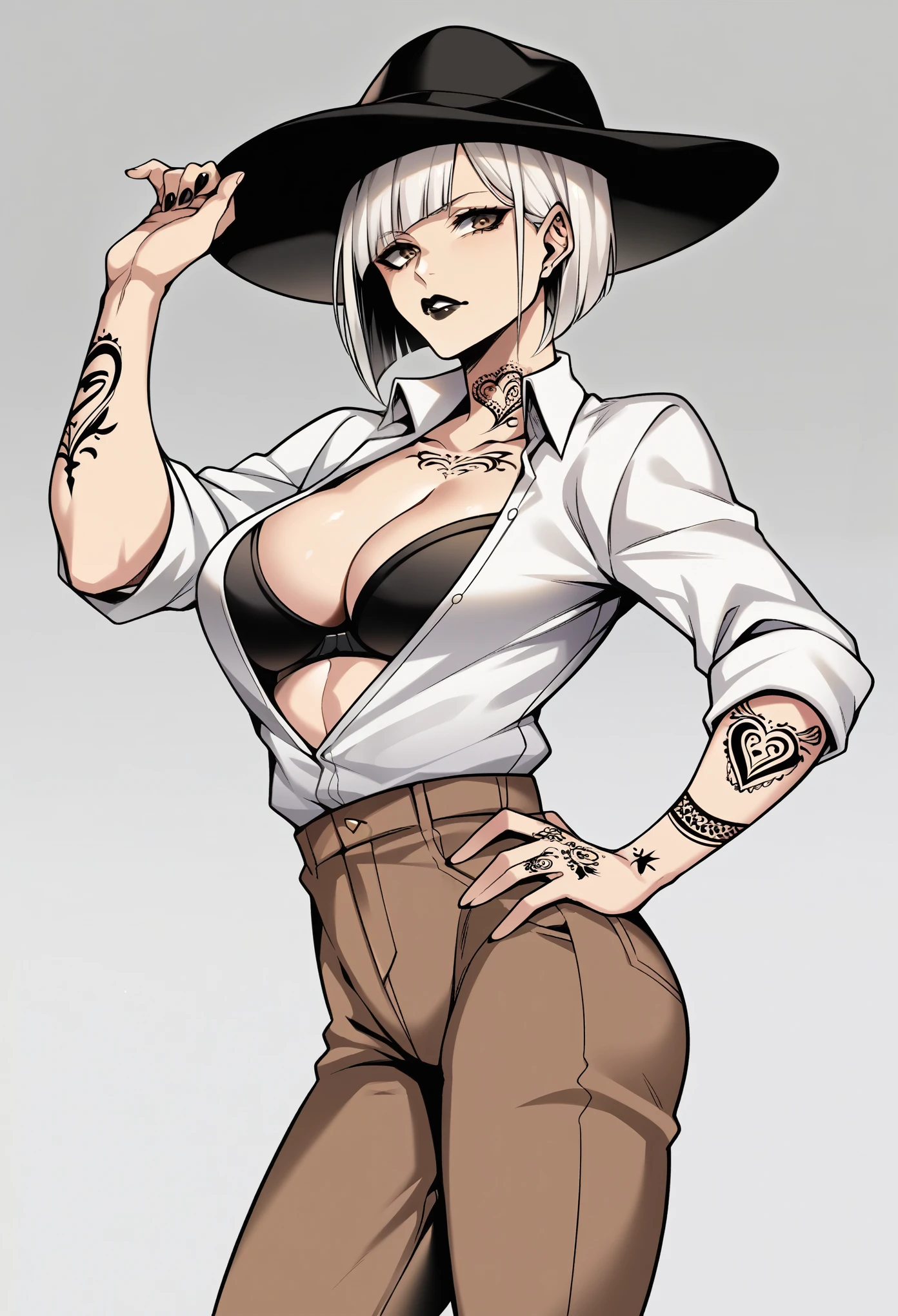 score_9, score_8_up, score_7_up, score_6_up, score_5_up, score_4_up, BREAK 1girl, Asian female, cowgirl outfit, exposed cleavage, black bra, white shirt, brown pants, tattoos, bob cut, white hair, black lipstick, one hand on hip. one hand holding hat, lovely, masterpiece.