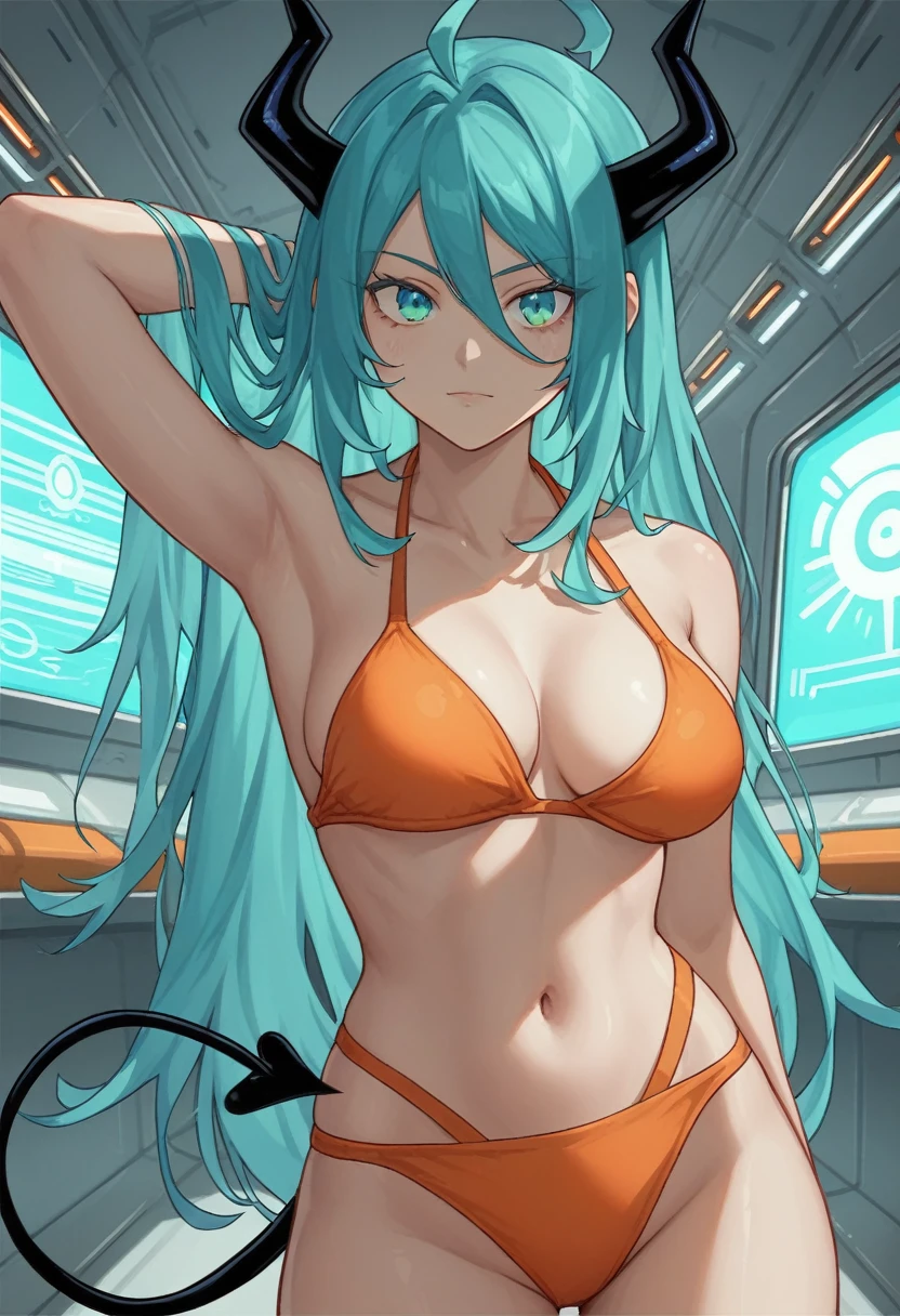 score_9, score_8_up, score_7_up,1 daemon woman, black horns, black demon tail, (aquamarine hair),aquamarine green color hair,ahoge, long hair, (long hair),bangs, light orange bikini, bikini is orange, bikini orange, orange bikini!, (aquamarine eyes), background is spaceship, aquamarine eyes, 1woman ,facing viewer, daemon girl, close up,Well-endowed, alone, Spacecraft interior, sexy pose