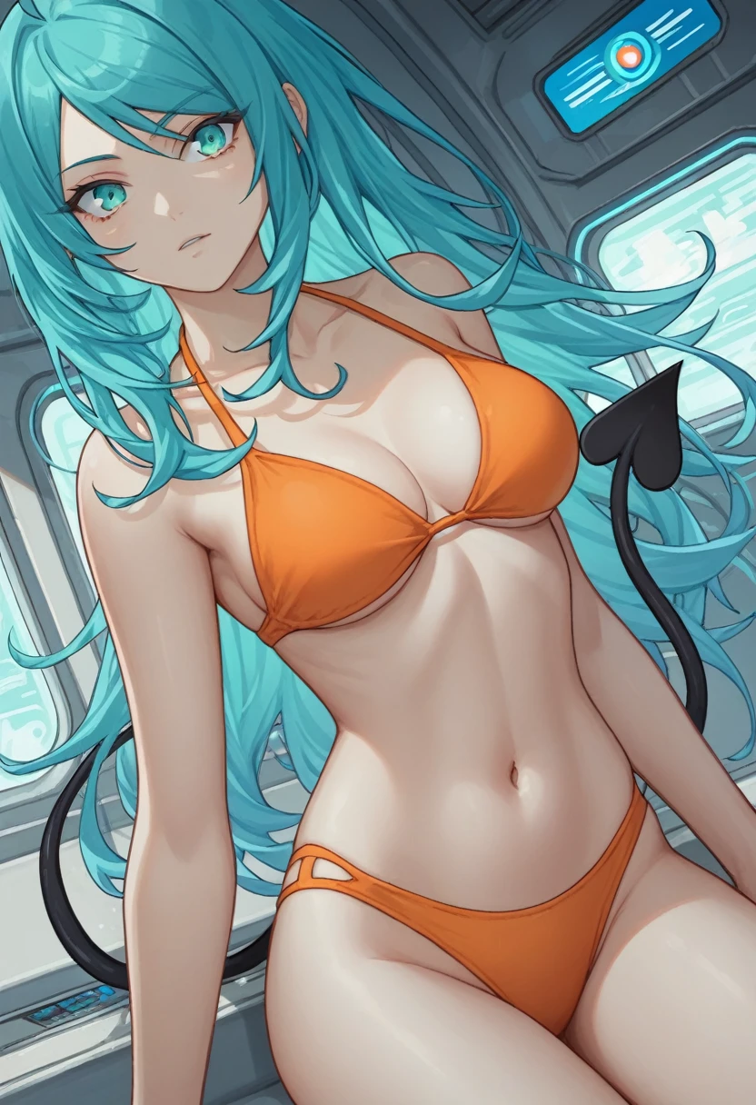 score_9, score_8_up, score_7_up,1 daemon woman, black horns, black demon tail, (aquamarine hair),aquamarine green color hair,ahoge, long hair, (long hair),bangs, light orange bikini, bikini is orange, bikini orange, orange bikini!, (aquamarine eyes), background is spaceship, aquamarine eyes, 1woman ,facing viewer, daemon girl, close up,Well-endowed, alone, Spacecraft interior, sexy pose
