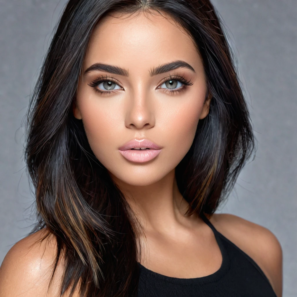 A photoreal close up of a stunning 28-year-old Latina model showcases her oval face, straight black hair, and striking grey eyes. Facing straight to the camera. Her beautiful light pink lips accentuate her wheatish skin with light brown tone highlights. Dressed in a chic black top, the image should be full body shot, 8k hdr, high detailed, and focused on capturing her mesmerizing beauty. Natural day light 