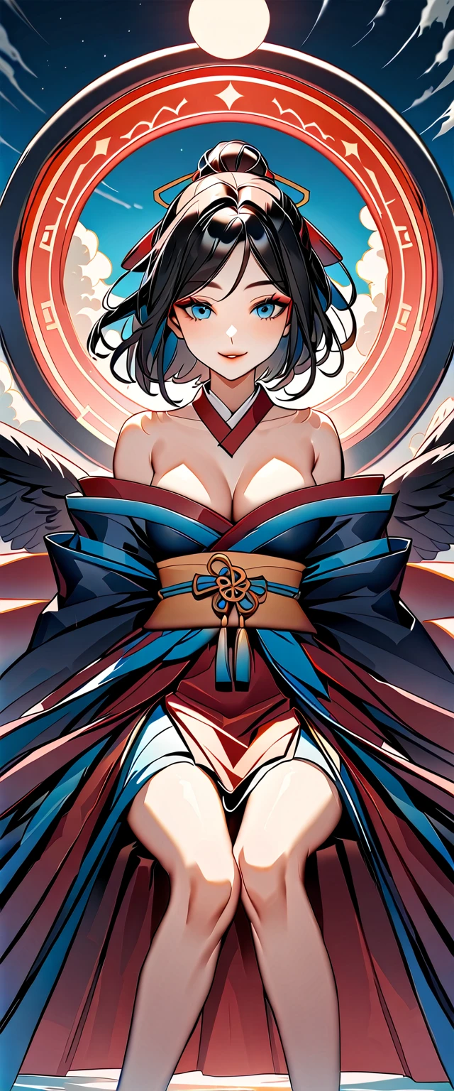 beautiful detailed eyes, beautiful detailed lips, extremely detailed eyes and face, long eyelashes, 1 girl, goddess Izanami, smiling, black hair with red highlights, sharp eyes with blue eyeshadow, thin and upturned nose, well-shaped lips, white off-shoulder dress, bare legs, ancient japanese clothing, makeup, highly detailed, vivid, incredible, smooth, cinematic, 4k, backlit, ((flying in the sky)), shallow depth of field