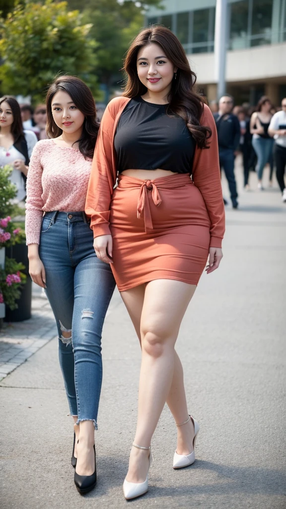 Quadruplets,Smiling fat woman ((best quality)), ((masterpiece)), (detailed), Perfect face, Wearing a green loose sweatshirt and short skirt, The other was wearing a red loose plaid shirt and jeans, Thin waist and thick hips, Soft curves, hyperPractical full figure, Wearing a cute top, Long legs,,thickness, Beautiful plump woman, Four curvy female targets,Clear curve details, Curvy hourglass figure, Charming plus size models, bbw酱, full image, Surface Model, Curvy body, (full-body shot)blush, 1girll fat , Golden Ratio,(White and tender skin:),High quality background, HD, Practical, HDR. pedestrian mall,Skin as white as paper,High heel,Supercar,Auto Show