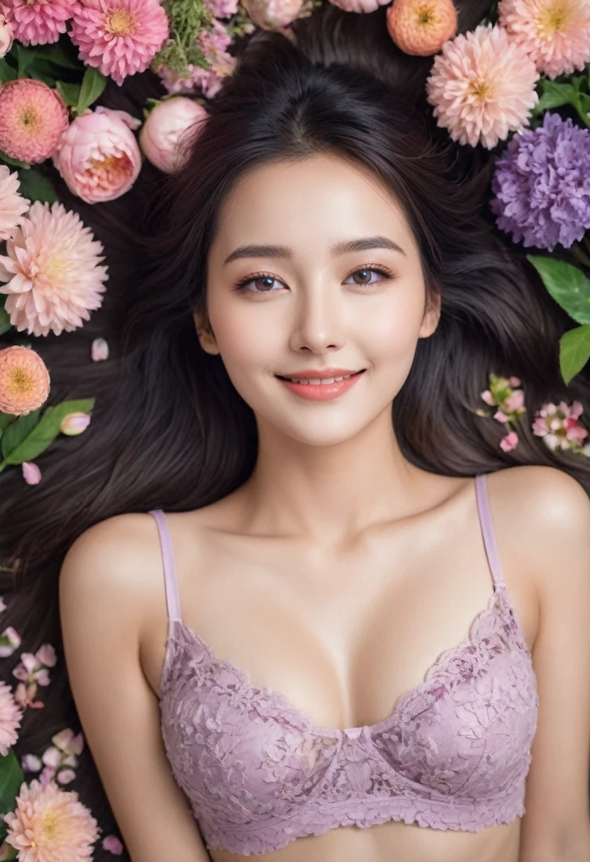 beautiful girl　Smiling　Lie on the side and cover your chest with both hands　I can see her cleavage　Mouth half open　It is surrounded by many flowers