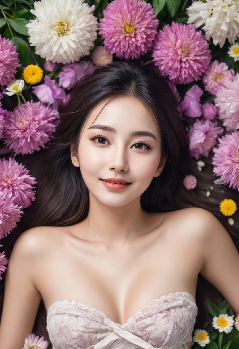 beautiful girl　Smiling　Lie on the side and cover your chest with both hands　I can see her cleavage　Mouth half open　It is surrounded by many flowers