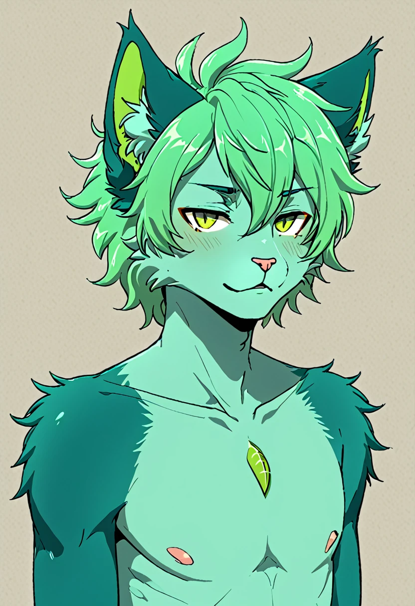 Teal furry cat with lime green top hair boykisser male teal ears light teal chest poor anatomy