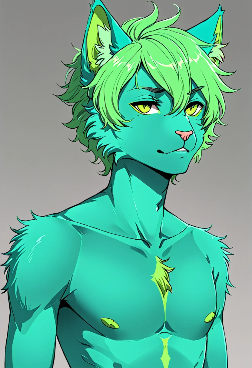 Teal furry cat with lime green top hair boykisser male teal ears light teal chest poor anatomy