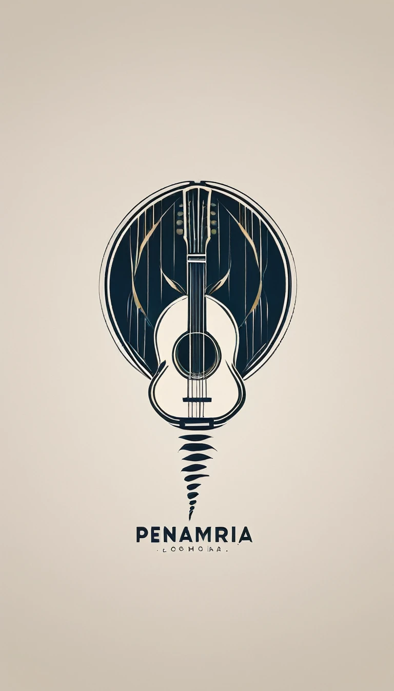 A minimal, modern, simple, cinematic logotype for the brand “Penamemoria". The logotype must be a simple, magical feather and a boy playing acoustic guitar. The logo must convey a sense of music, stories and dreams. Logo design impressed on a book cover. Minimalistic logo