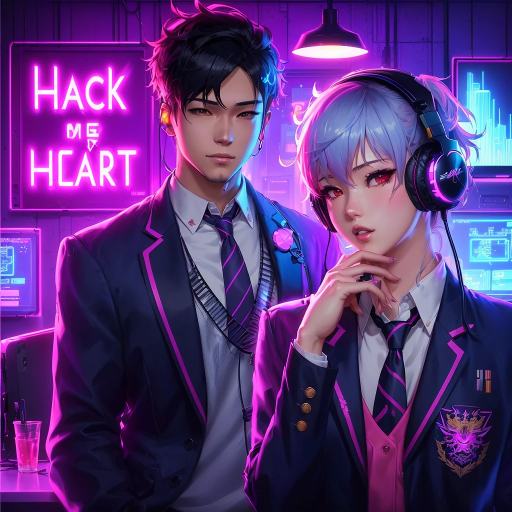 anime couple in school uniforms with headphones and neon lights, anime cover, album art, promo art, official artwork, game cover, cover art, background artwork, hq artwork, steam romance, artwork in the style of guweiz, kda and sam yang, album art cover, synthwave art style ]!!, art cover, ben maier and sakimichan