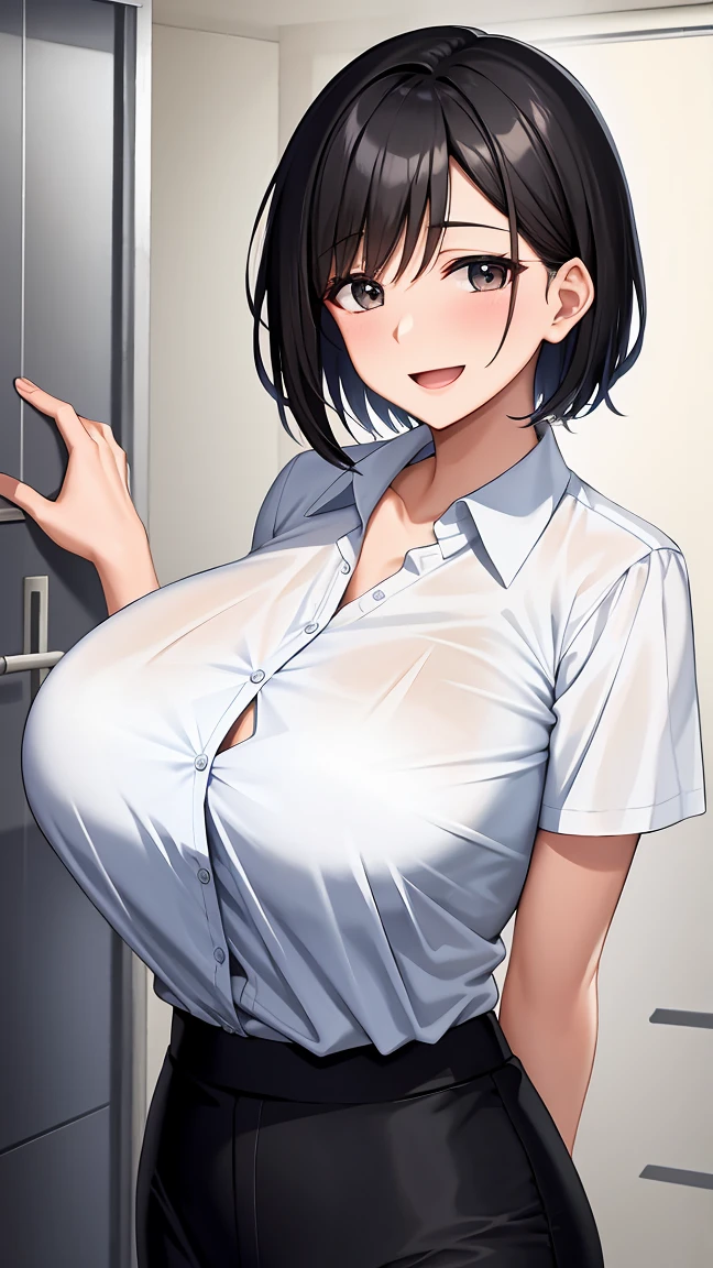 A 40 year old mature woman、Her short black hair fluttering、Smiling and opening mouth。she、Wearing a short-sleeved business shirt and a string bikini、Emphasizing her huge breasts。Her skin is glowing、The whole body is painted。she、Put your arms behind your back、Standing in a room。
