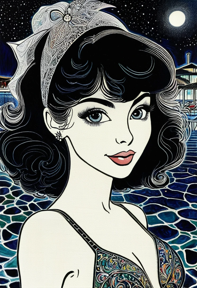 1girl, intricate details, beautiful detailed face, (minimum micro bikini:1.2), see-through, looking at viewer, (night pool party), blush, open mouth, black hair, medium hair, blunt bangs, happy, standing((Marc Chagall style)), magic naive art, primitivism, protogen, ((best quality, Masterpiece)), ((Highest detail)), RAW:1,1, 8k