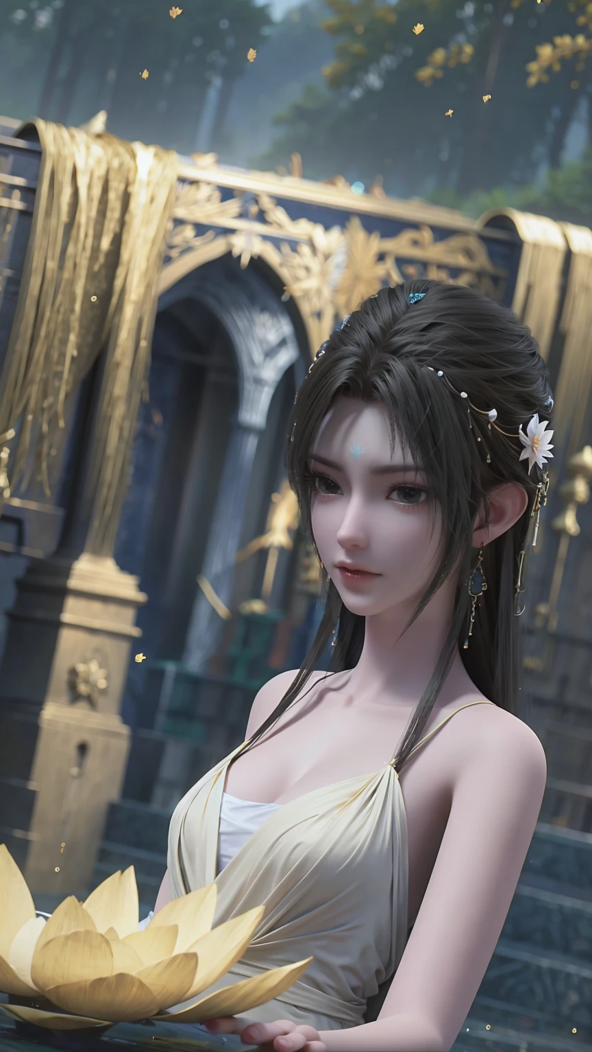 a beautiful young woman bathing in a serene lake, water up to her shoulders, her hands covering her chest, golden glowing lotus flowers floating on the surface, soft lighting, intimate and sensual mood, highly detailed, cinematic composition, realistic, photorealistic