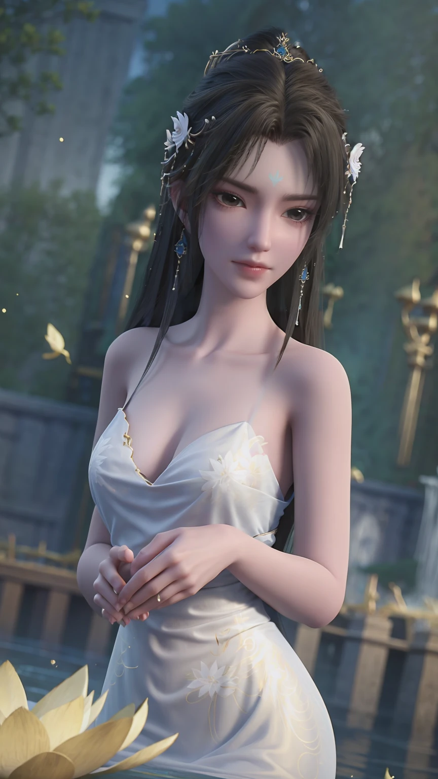 a beautiful young woman bathing in a serene lake, water up to her shoulders, her hands covering her chest, golden glowing lotus flowers floating on the surface, soft lighting, intimate and sensual mood, highly detailed, cinematic composition, realistic, photorealistic