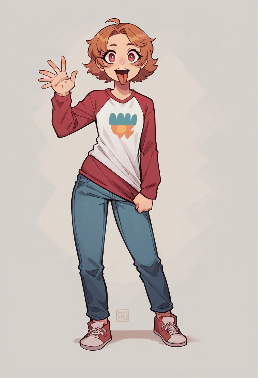 (work of art, best qualityer), 1 girl, beautiful face, Gwendolyn_Tennyson, breastsout, (1 girl, standing alone:1.3),, blank background,, Kale, medium shot, trunk, face detailed,ssmile, gaping mouth, long sleeves, mangas raglan, ,multicolored shirt, tongue out, graphic shirt, nsfw sexy,full body picture