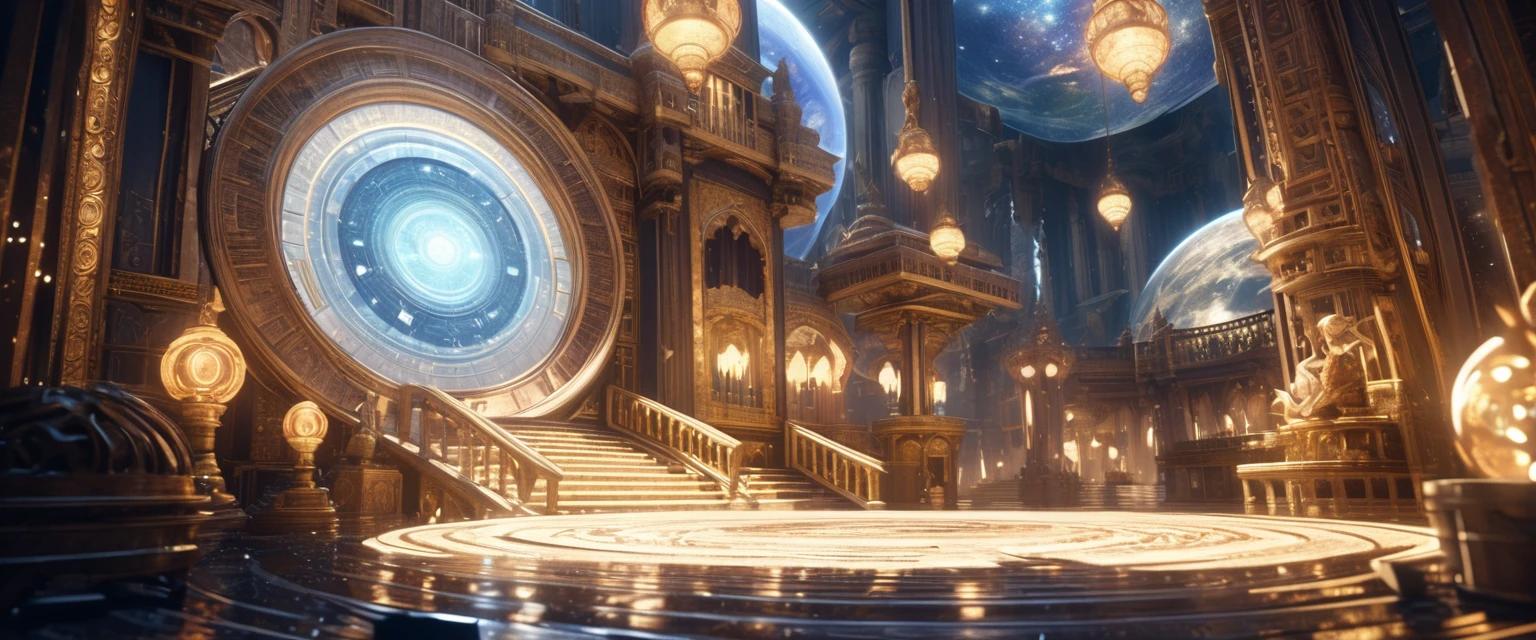 Scenes, Beautiful astrologer close up, Distorted Space, Astrology and fortune telling palace with brilliant background, Anime fantasy art.lens flare, Optical axis, Intricate details, High Detail, Volumetric Lighting, 4k Rendering, image, Surreal, Realistic textures, Dramatic Lighting, Unreal Engine