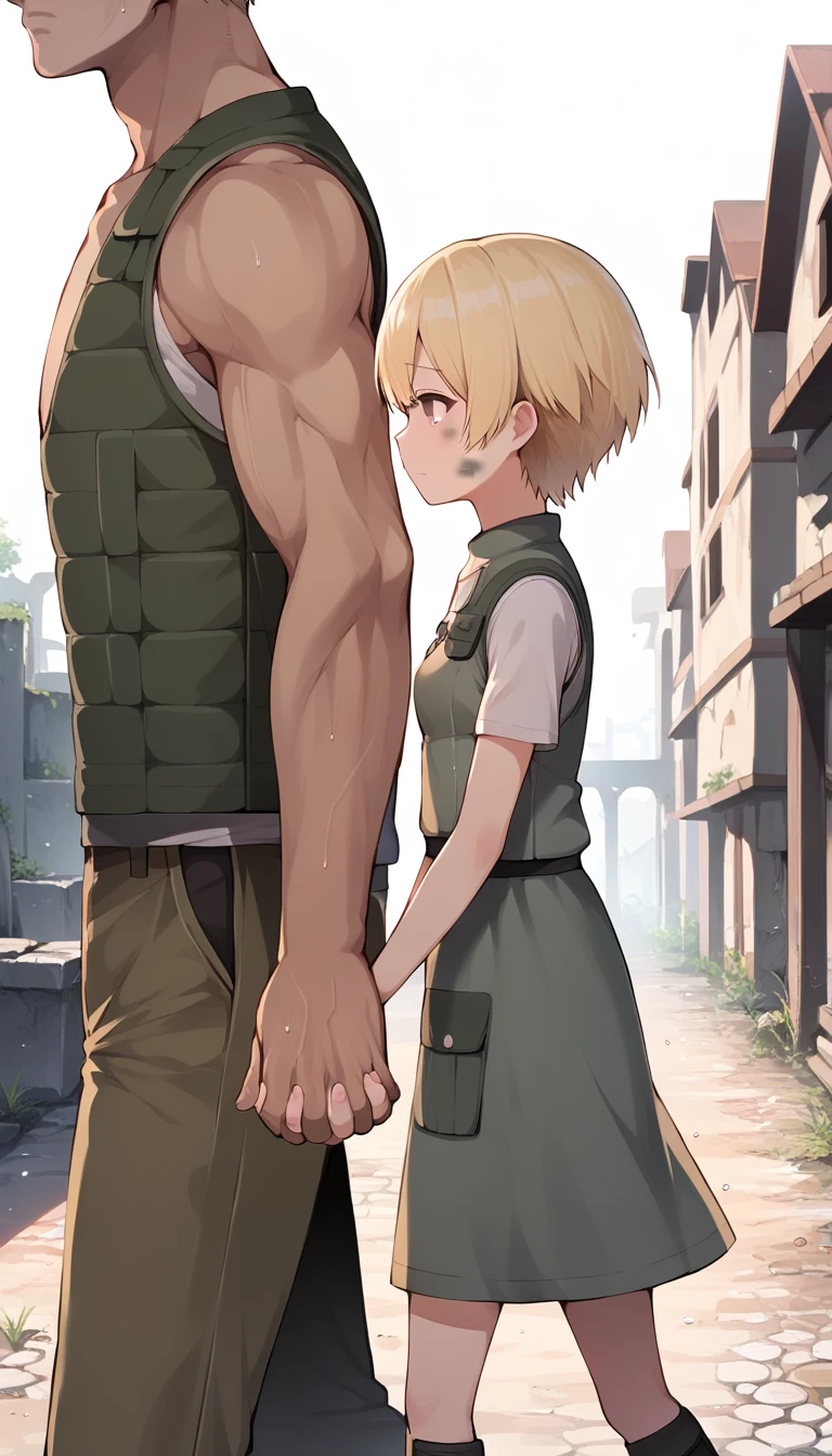 score_9, score_8_up, score_7_up, source_anime BREAK 
1girl, 14yo, _young, from side, small breasts, (girl dirty dress), holding hands, hand in another's hand, blonde short hair, grey eyes, sad face, town ruins, outdoors, walking, ((size difference:1.5)), faceless male, male face out of frame, (male cargo vest, pants)