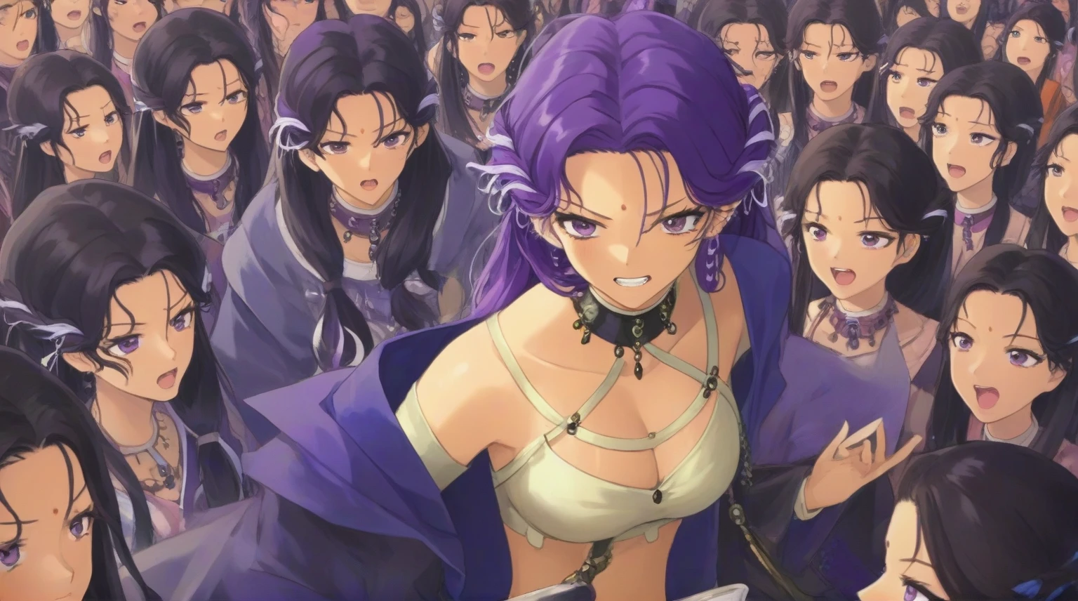 a furious male anime character with purple hair and piercings in a crowd, the angry-looking goddess hera, an impish smile, ((( yoshinari hiroshi ))), ohararyu, miura, hinata hyuga, a malicious grin, anime style, mai yoneyama, nezuko, male