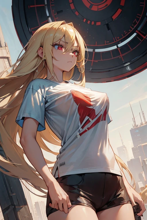 optimal,masterpiece,high resolution,best quality,Ultra HD,Very detailed,The award-winning,16K,Solitary,(Upper Body),Correct anatomy,Beautiful cyberpunk girl,Cowboy shooting、Cute face,,Blonde、Long hair、Double tail、Weaving, hairline,((Scarlet eyes)),Long eyelashes,Drooping corners of the eyes,White skin,((Shot from below)), ((t-shirt:1.5)), Clock top、((Clear nipples))、Rocket , (Large Breasts),(because I'Thin)