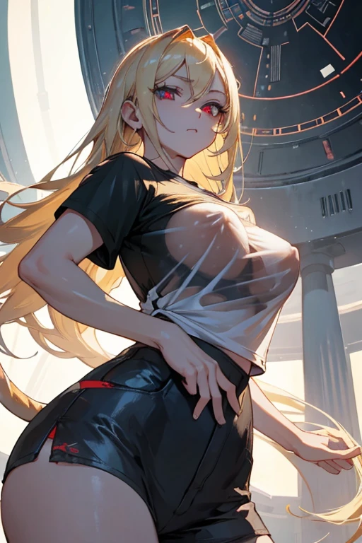 optimal,masterpiece,high resolution,best quality,Ultra HD,Very detailed,The award-winning,16K,Solitary,(Upper Body),Correct anatomy,Beautiful cyberpunk girl,Cowboy shooting、Cute face,,Blonde、Long hair、Double tail、Weaving, hairline,((Scarlet eyes)),Long eyelashes,Drooping corners of the eyes,White skin,((Shot from below)), ((t-shirt:1.5)), Clock top、((Clear nipples))、Rocket , (Large Breasts),(because I'Thin)