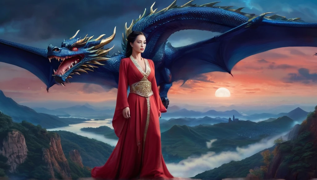 ((best qualityer)), ((Masterpiece artwork)), (detailded), Empress Dragon "Margot Robbie", realisticeyes, Bblack hair, blue colored eyes, breasts small, redgown de setin koreano sensual, evil landscape, ethereal beauty, (Fantasy Illustration:1.3), lovely gaze, captivating pose, solo girl, supernatural charm, mystical sky, moonlit night, subdued colors, (detailed cloudscape:1.3), (high resolution:1.2) (Blue dragon flying in the sky) redgown, over a hill, An army passing far into a canyon below.