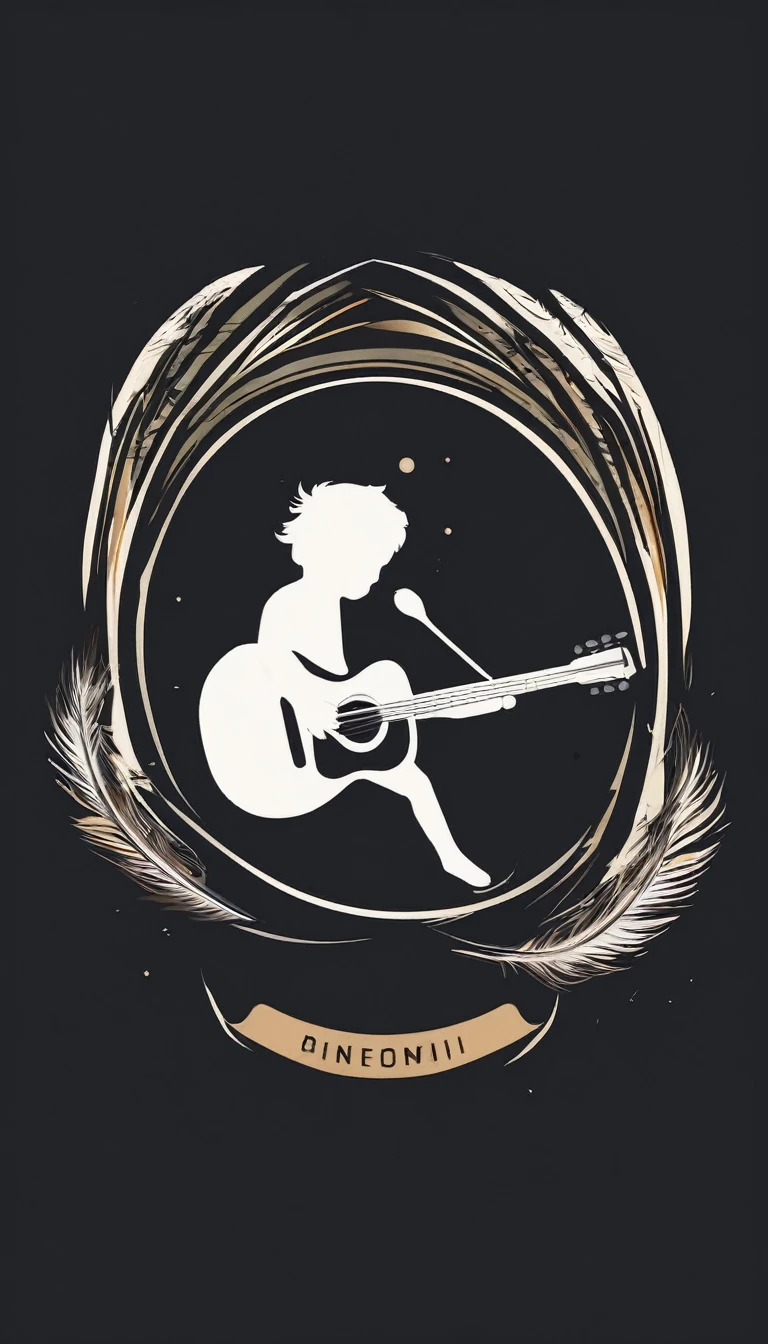 Create a modern, minimalistic logo design for a brand about music and movies called " Penamemoria". The logo must be in minimalistic style and convey a sense of storytelling. The logo is the silhouette of a boy and a bird. The boy is running with open arms, holding an acoustic guitar in the right hand and a bird feather in the left hand. Minimalistic logo design impressed on a book cover