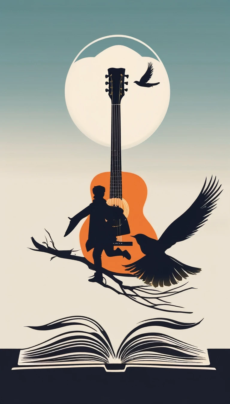 Create a modern, minimalistic logo design for a brand about music and movies called " Penamemoria". The logo must be in minimalistic style and convey a sense of storytelling. The logo is the silhouette of a boy and a bird. The boy is running with open arms, holding an acoustic guitar in the right hand and a bird feather in the left hand. Minimalistic logo design impressed on a book cover