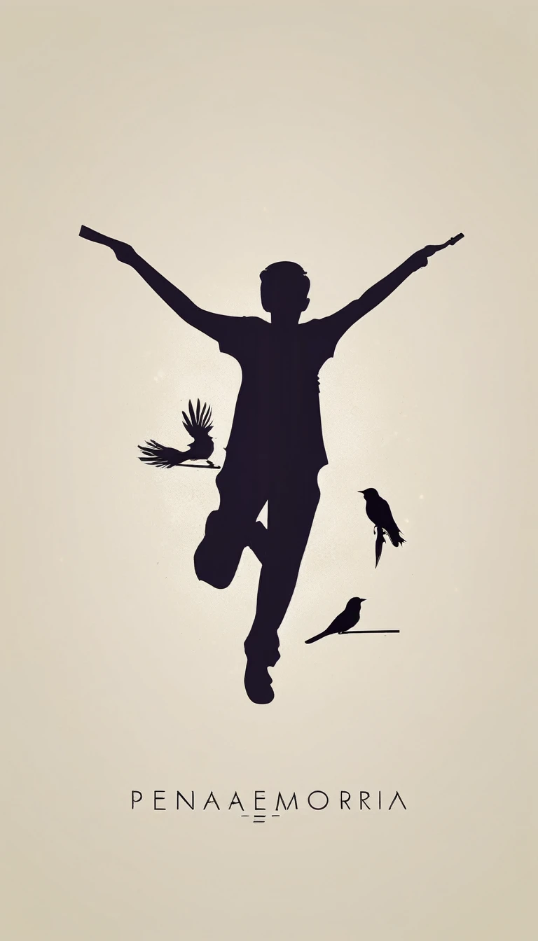 Create a modern, minimalistic logo design for a brand about music and movies called " Penamemoria". The logo must be in minimalistic style and convey a sense of storytelling. The logo is the silhouette of a boy and a bird. The boy is running with open arms, holding an acoustic guitar in the right hand and a bird feather in the left hand. Minimalistic logo design impressed on a book cover