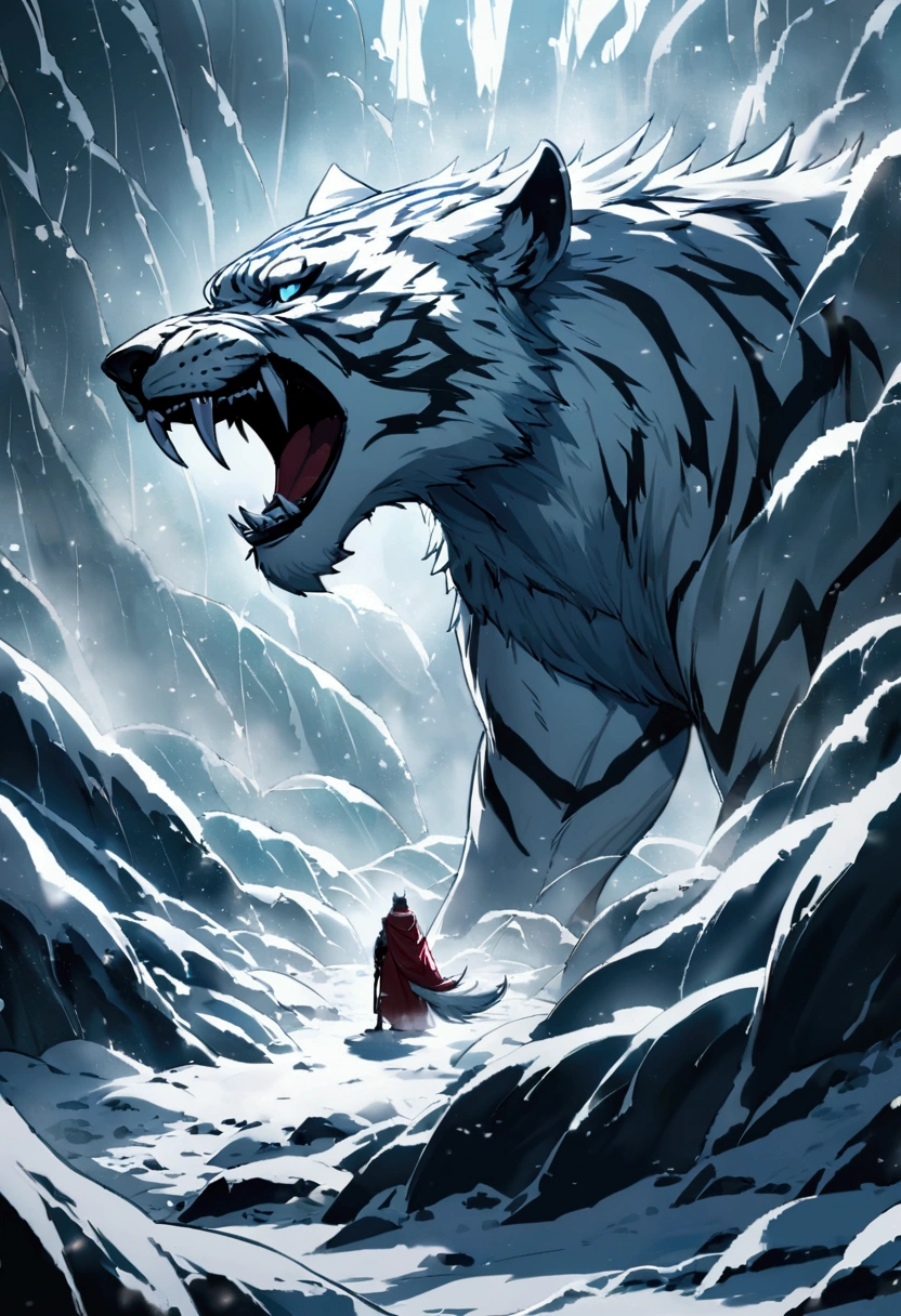 In the middle of a raging snow storm, Emerging from the shadows, Absolutely, masculine, and an immensely thin saber-toothed tiger with a long tail that advances with a rough demeanor.. Every muscle in your body is clearly visible., Sculpted in a way that exudes raw power and dominance, dripping water from the melted ice that once enveloped it. Its huge fangs protrude menacingly from its mouth.., a testament to their predatory prowess. Blood drips from numerous scars that decorate its robust frame.., evidence of a victorious battle with a pack of gray wolves, whose lifeless bodies now lay scattered around them. His eyes are a striking two-tone red and blue.., glowing brightly as if charged with some primordial energy, passing through the heavy snowfall with its eerie light. His entire presence is both fearsome and inspiring.., a master of his frozen domain. From a side angle in a wide view, you can see his full body., every sinew and contour exaggerated by hardness, snowy backdrop. The snow swirls violently around him., adding to the dramatic scene, while walking with a deliberate, Safe passage, undeterred by bad weather. The relentless snowstorm howls in the background., but the sabertooth is still a focal point, a formidable force of nature, Emerge victorious from chaos