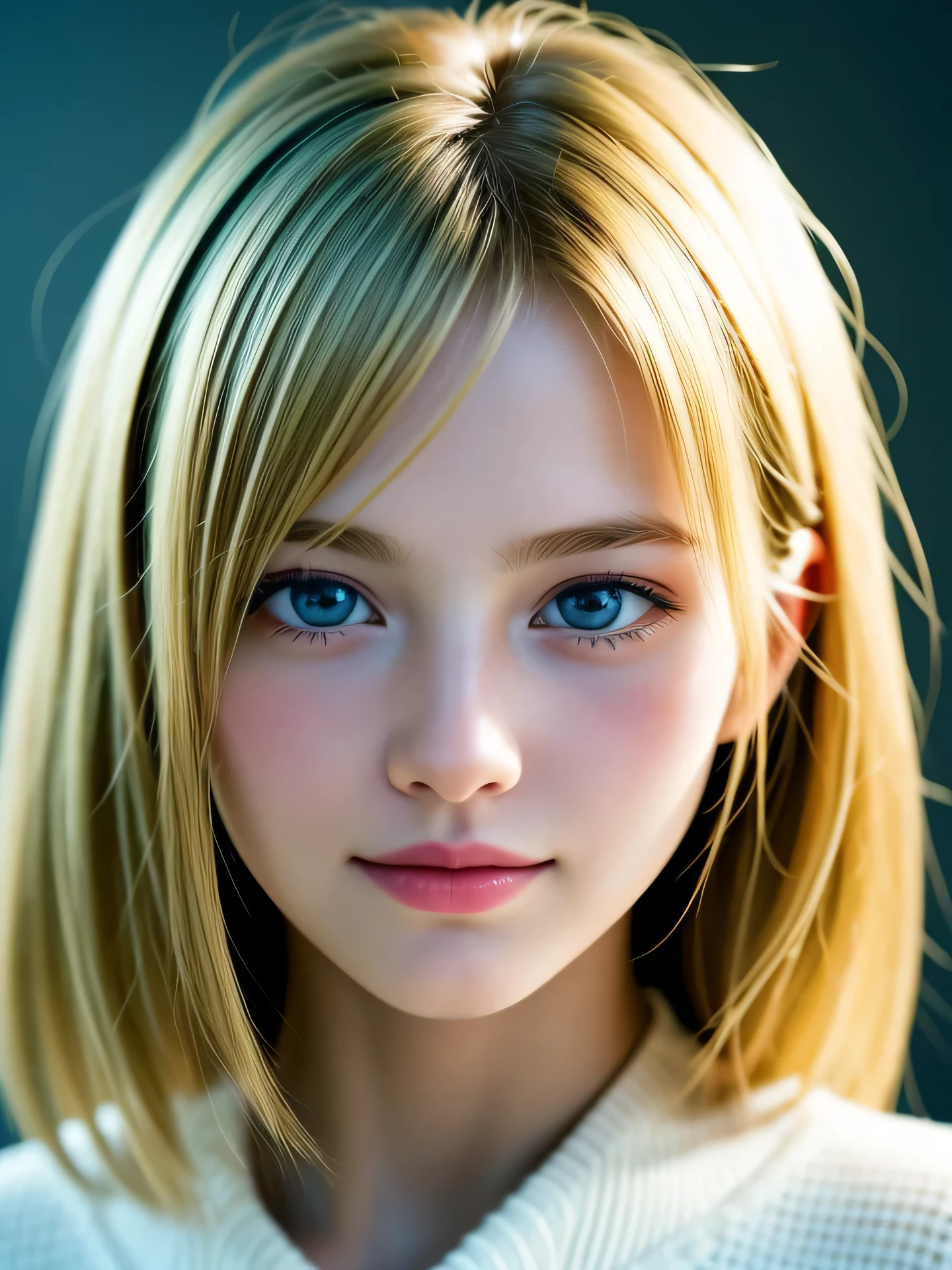 (Photo Real:1.4), (hyper realisitic:1.4), (Smooth lighting:1.05), 1 girl, teenager, blue eyes, happy, shy, smile, (looking away:1.2), Close-up of the face, Soft lighting, Back lighting, (Finest Real Textured Skins), Super fine face, glowy skin, retinas, Anatomically correct, (Blonde medium hair:1.1), bangs, Textured skin, High quality, high details, Best Quality, High resolution, sweater