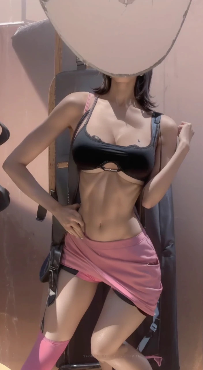 short black hair, with slightly messy bangs. Dark, penetrating brown eyes. Thin and marked build. She wears torn black shorts, blue tennis shoes, and a pink navel blouse with straps. He has an axe in his right hand and a backpack on his back. Busty.