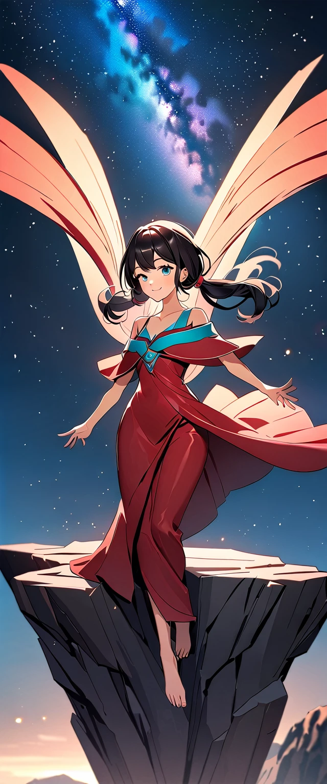 Photo of a high school girl with natural skin, Upper Body, With arms outstretched, Looking at the camera, Smiling, with twin tails and black hair with red mesh, Sharp eyes with blue eyeshadow, A thin, upturned nose, Well-shaped lips, Off-the-shoulder dress, Decorated clothing, barefoot, Makeup, Exquisitely crafted with the utmost attention to detail, Vibrant, amazing, Smooth, Cinematic, 4K, Backlight, ((Atop a cliff with a beautiful starry sky, Cliff)), Shallow depth of field