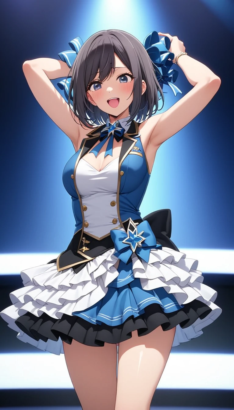 ((detailed clothes features,detailed face,masterpiece,highres))white background,standing, 1girl,kiriya aoi, bare shoulders, blue eyes, school dress 3, blue hair, full body, elbow gloves, midriff, navel, open mouth, side ponytail, simple background, blue bow, skirt, smile, plaid skirt, solo, standing, white gloves, frilled skirt, frills, blue bow tie, shoulder frill