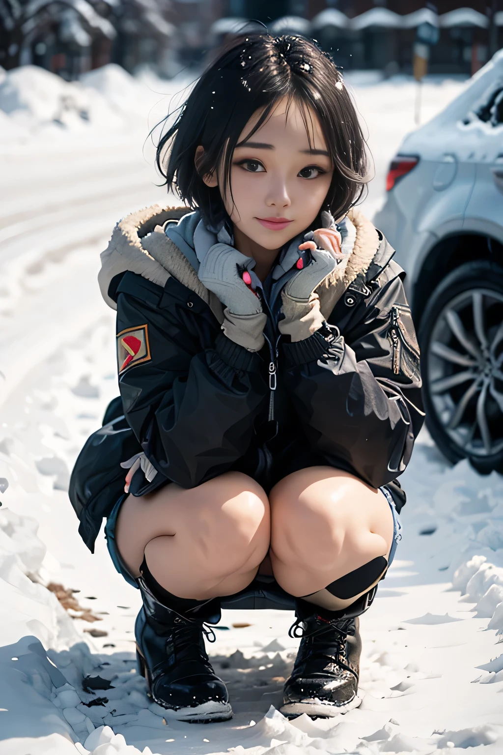 Top image quality、Very high resolution、table top、Photo quality(photographic realistic:1.8)、pores、precision、realistic skin textures、(beautiful hands)、(skinny legs)、japan women、 18 years old、front、short hair、A brunette、Girl with a cute smile、thin girl、chest、flat chest、Squatting on a snowy road、I put a chain on my car tire、 black down jacket、short boots、Wear work gloves、Beautiful snow、There's a little snow on the head、