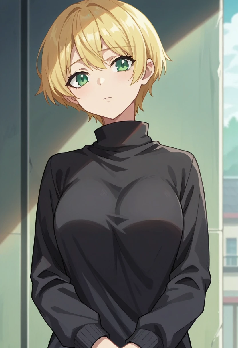 score_9, score_8_up, score_7_up, source_anime, anime_screencap, 1girl, black sweater, green eyes, blonde hair, short hair, sidelocks, H-cup breast