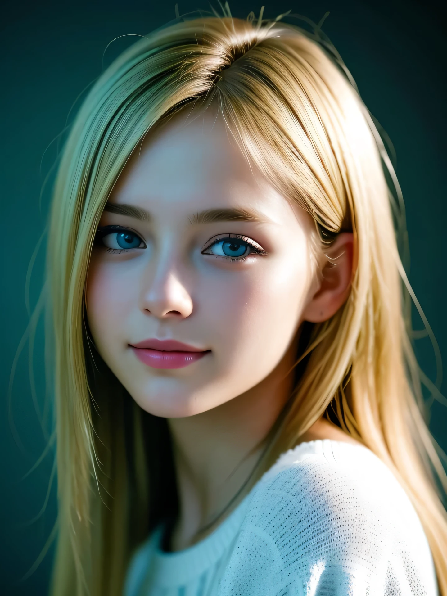(Photo Real:1.4), (hyper realisitic:1.4), (Smooth lighting:1.05), 1 girl, teenager, blue eyes, happy, shy, smile, (looking away:1.2), Close-up of the face, Soft lighting, Back lighting, (Finest Real Textured Skins), Super fine face, glowy skin, retinas, Anatomically correct, (Blonde medium hair:1.1), bangs, Textured skin, High quality, high details, Best Quality, High resolution, sweater