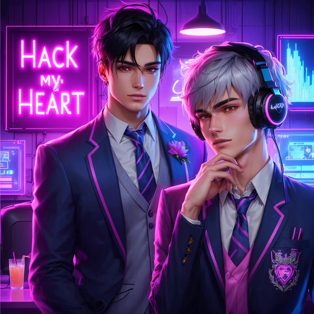 Anime-style digital artwork featuring two characters in a neon-lit room. The layout is centered with the characters in the foreground. The male character has short, dark hair, fair skin, with a stronger jawline, wearing a gaming headphone with a blazer, tie, and a flower pin. The female character has short grey pixie cut hair, fair skin, and is wearing a with a blazer and tie, along with large headphones. Behind them, there is a neon sign that reads 'Hack my Heart' in pink and blue colors. The background includes various digital screens and a bar with a drink. The overall color scheme is vibrant with a focus on neon pink and blue hues.