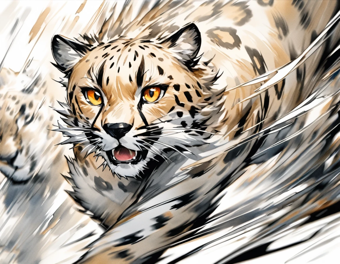 Fusion of watercolor and oil painting, Mix of monochrome and color, best quality, very good, 16K, 2.5D, delicate and dynamic, Beautiful wild cheetah, running, Inspiring, A solemn expression, Beautiful fur, portrait, Savanna, (Motion blur, Motion Blur, Speed Lines:0.7)