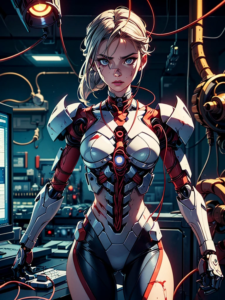 (((masterpiece))), (((best quality))), ((ultra-detailed)), (highly detailed CG illustration), ((an extremely delicate and beautiful)),cinematic light,((1mechanical girl)),solo,(cowboy shot:1.2),(machine made joints:1.2),((machanical limbs)),(blood vessels connected to tubes),(mechanical vertebra attaching to back),((mechanical cervial attaching to neck)),expressionless,(wires and cables attaching to neck:1.2),(wires and cables on head:1.2),(character focus),science fiction,extreme detailed,colorful,highest detailed, loongs,fengs,background,, sultry look, seductive,
