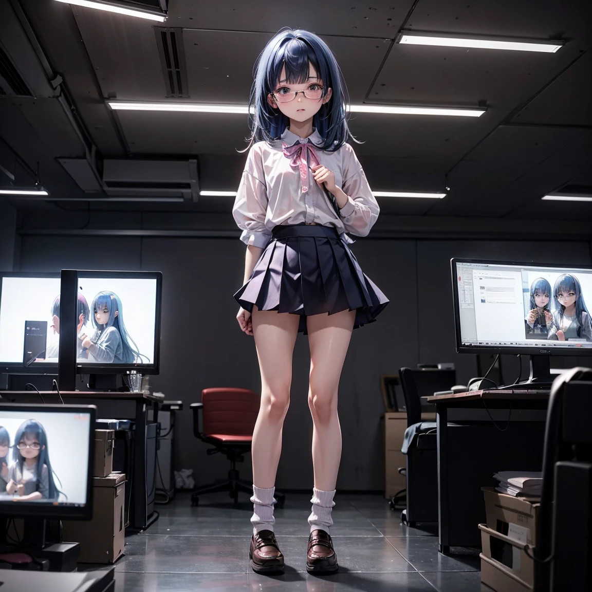 One woman（10 years old）、Glaring face、Long, blue hair、Thin glasses、White clothes、See-through shirt、ribbon、Short pleated skirt、Pink underwear、loose socks、Inside a skyscraper office at night、Spread your legs、Thin and lean legs、Both hands tied