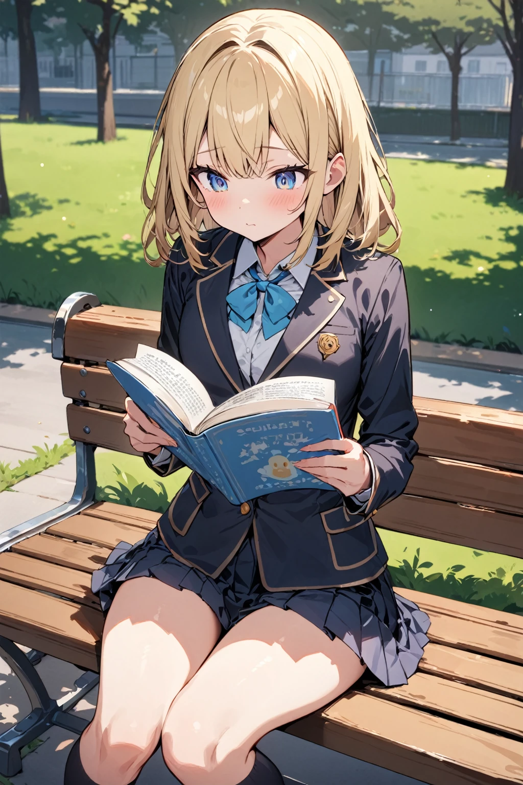 solo, cute girl, masterpiece, best quality, ultra detailed, , pleated skirt, blazer, knee-high socks, loafers, schoolyard background, sitting on bench, reading book, blonde hair, blue eyes