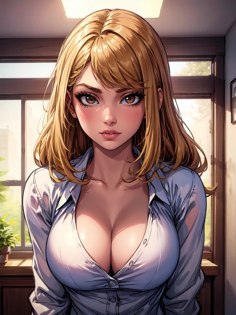 (best quality, highres), cool adult woman, long hair, swept-side bang, brown hair, (blonde hair), white shirt, cleavage, brown eyes, inside house, detailed facial features, confident pose, vibrant colors sultry look, seductive,