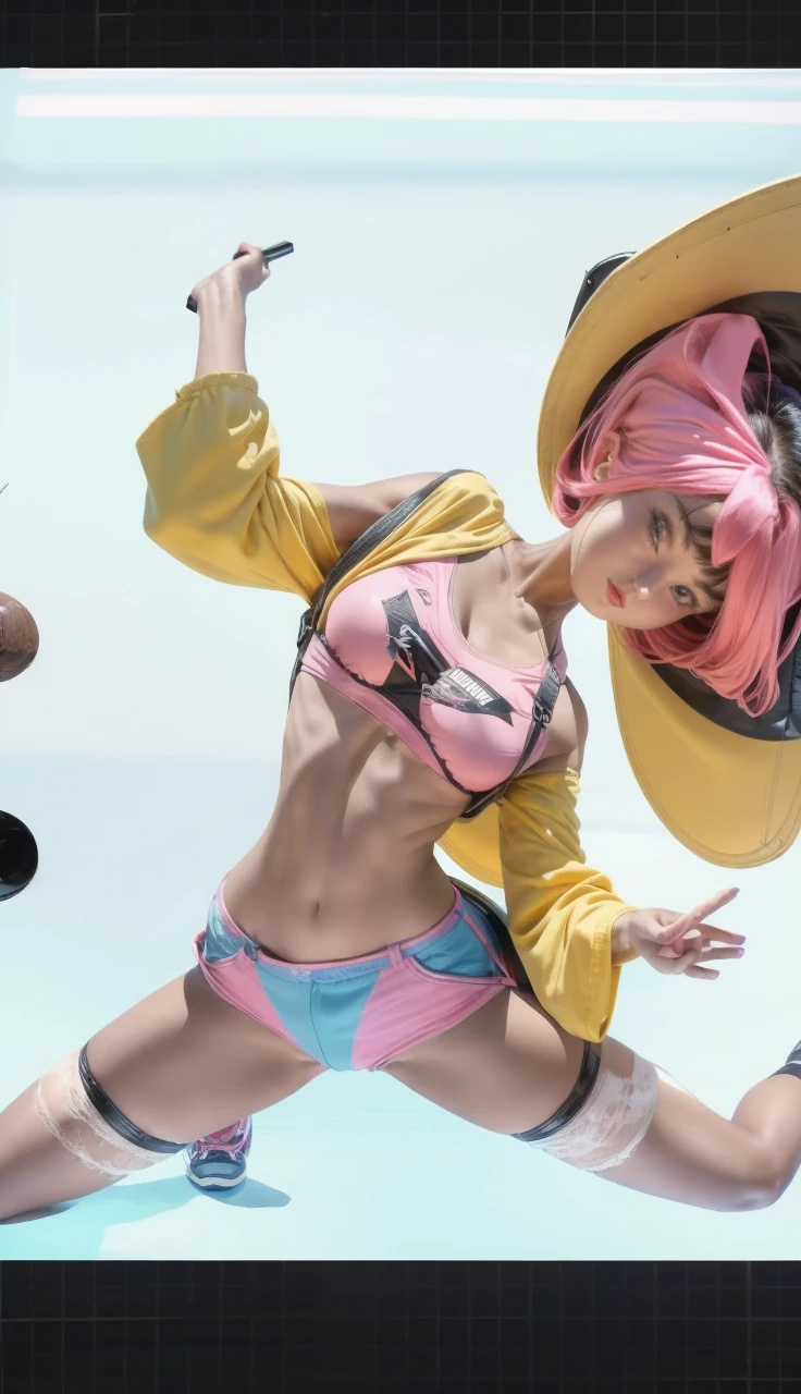 short black hair, with slightly messy bangs. Dark, penetrating brown eyes. Thin and marked build. She wears torn black shorts, blue tennis shoes, and a pink navel blouse with straps. He has an axe in his right hand and a backpack on his back. Busty.