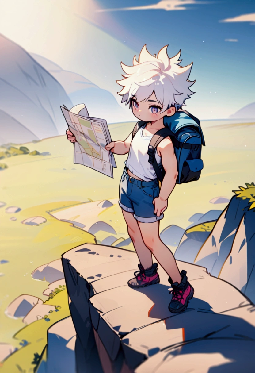best quality, masterpiece, 8K, HD, a young man with short spiky hair, wearing plain white tank top and ripped denim booty shorts, camping backpack, holds paper map in his hands, hiking boots, standing on edge of very high cliff, puppy beside him, vibrant colors, full body