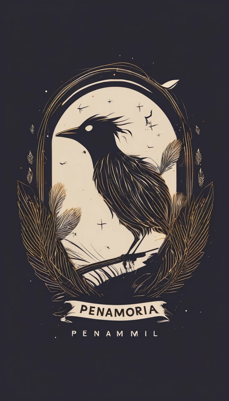 A minimal, modern, simple, cinematic logo design for the brand “Penamemoria". The logotype of a boy with a head of a feather playing acoustic guitar. The logo must convey a sense of music, stories and dreams. Minimalistic logo design of a boy dissolving into a feather of dreams and memories